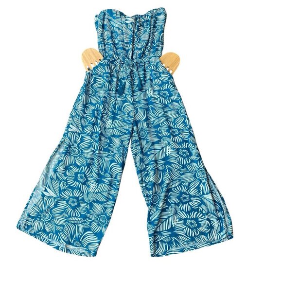 Blue Island Slit Wide Leg Strapless Jumpsuit Sz M Tropical Print #343F - Picture 2 of 9